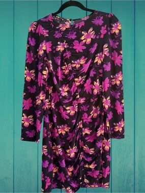 Maje Black Long-Sleeve Ruched Floral Dress with Purple & Yellow Flowers